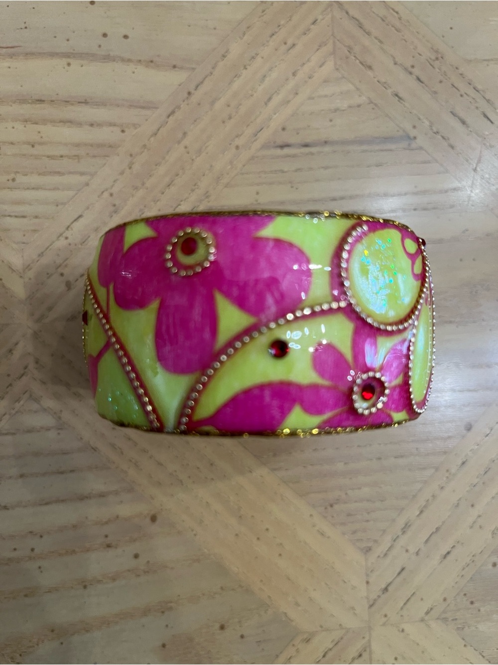 Iris Design Bright Pink & Lime Green Floral Enamel/Resin Bangle Bracelet